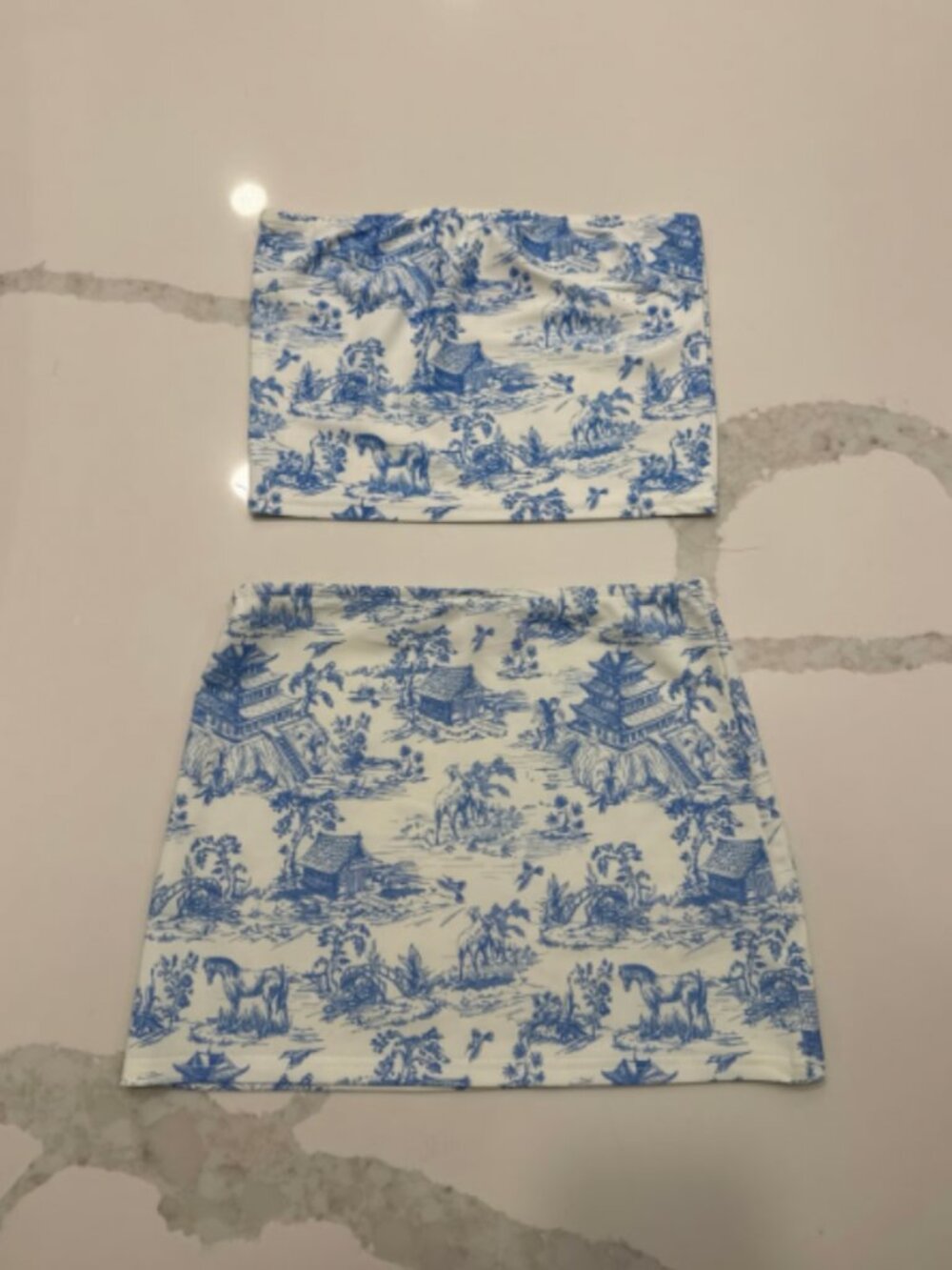 Edikted blue and white tube top and mini skirt set